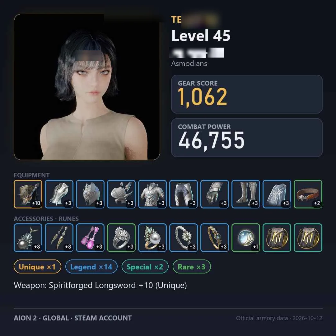 Aion 2 Account · Level 45 · Gear Score 1062 · Combat Power 46.8K — screenshot 1