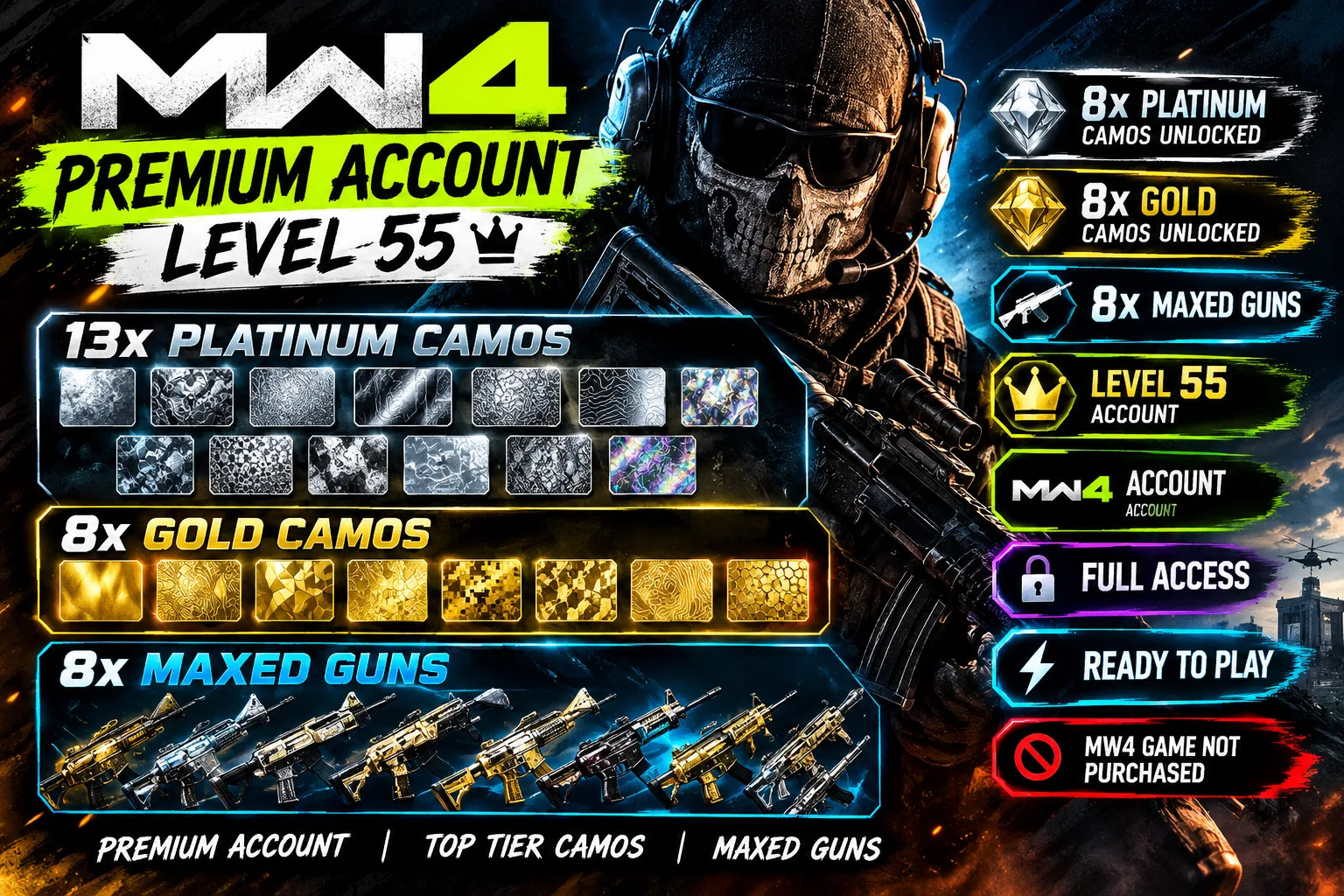 Call of Duty Account · 600 Camos · Level 55 · 8 Weapons — screenshot 1