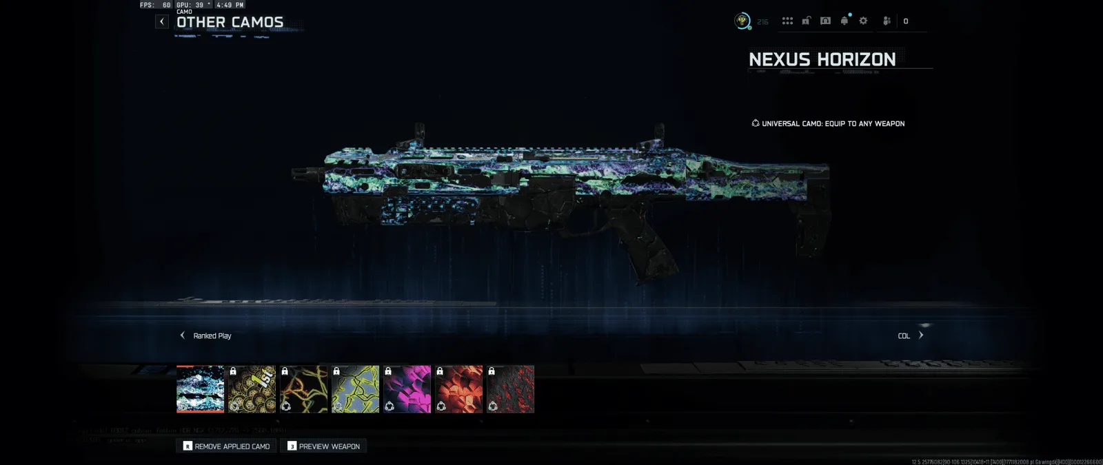 Call of Duty Account · 1000 Camos · Level 216 · 45 Weapons — screenshot 1