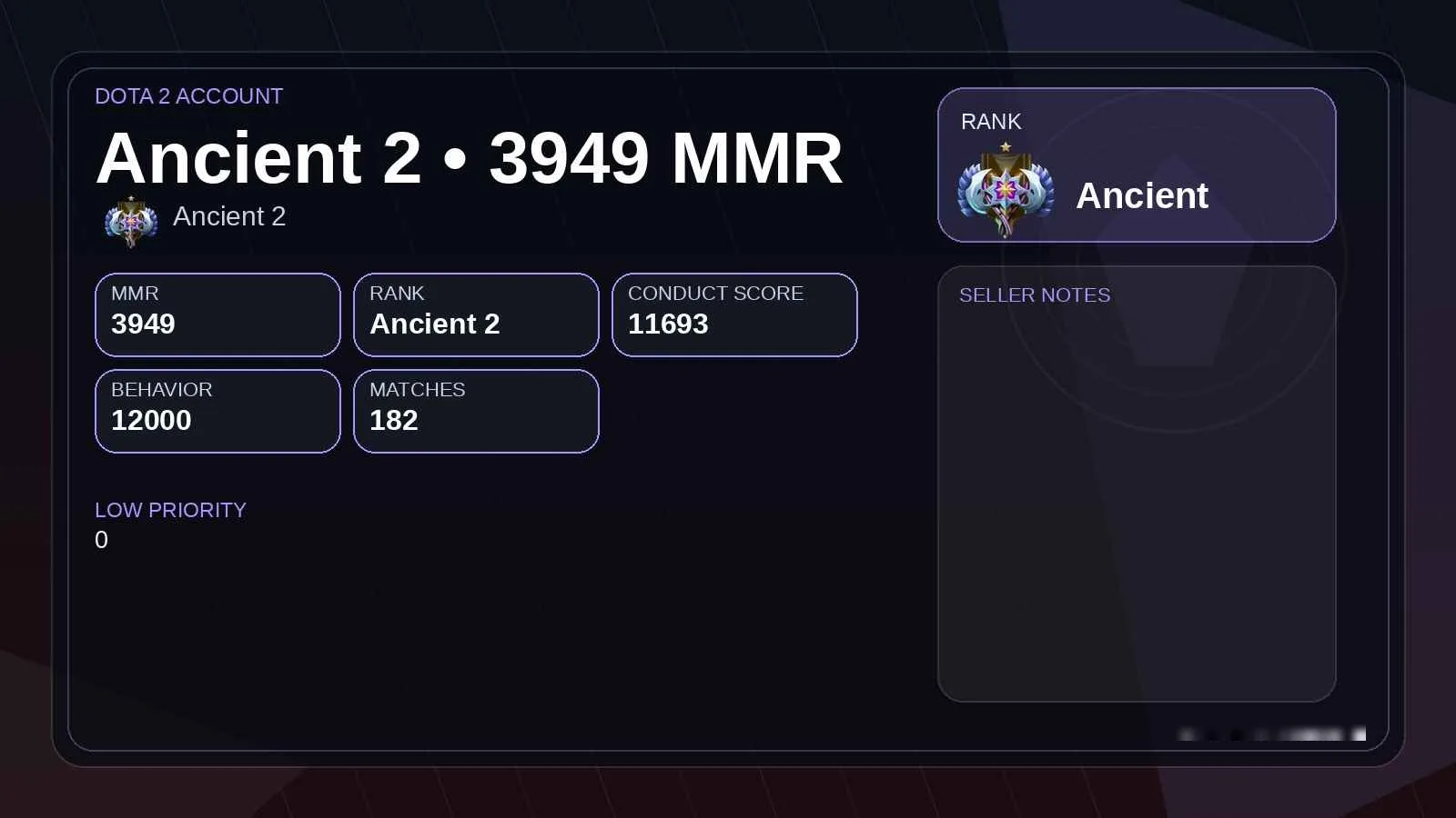 Dota 2 Account · Unranked · MMR 3850-4619 · 182 Matches — screenshot 1