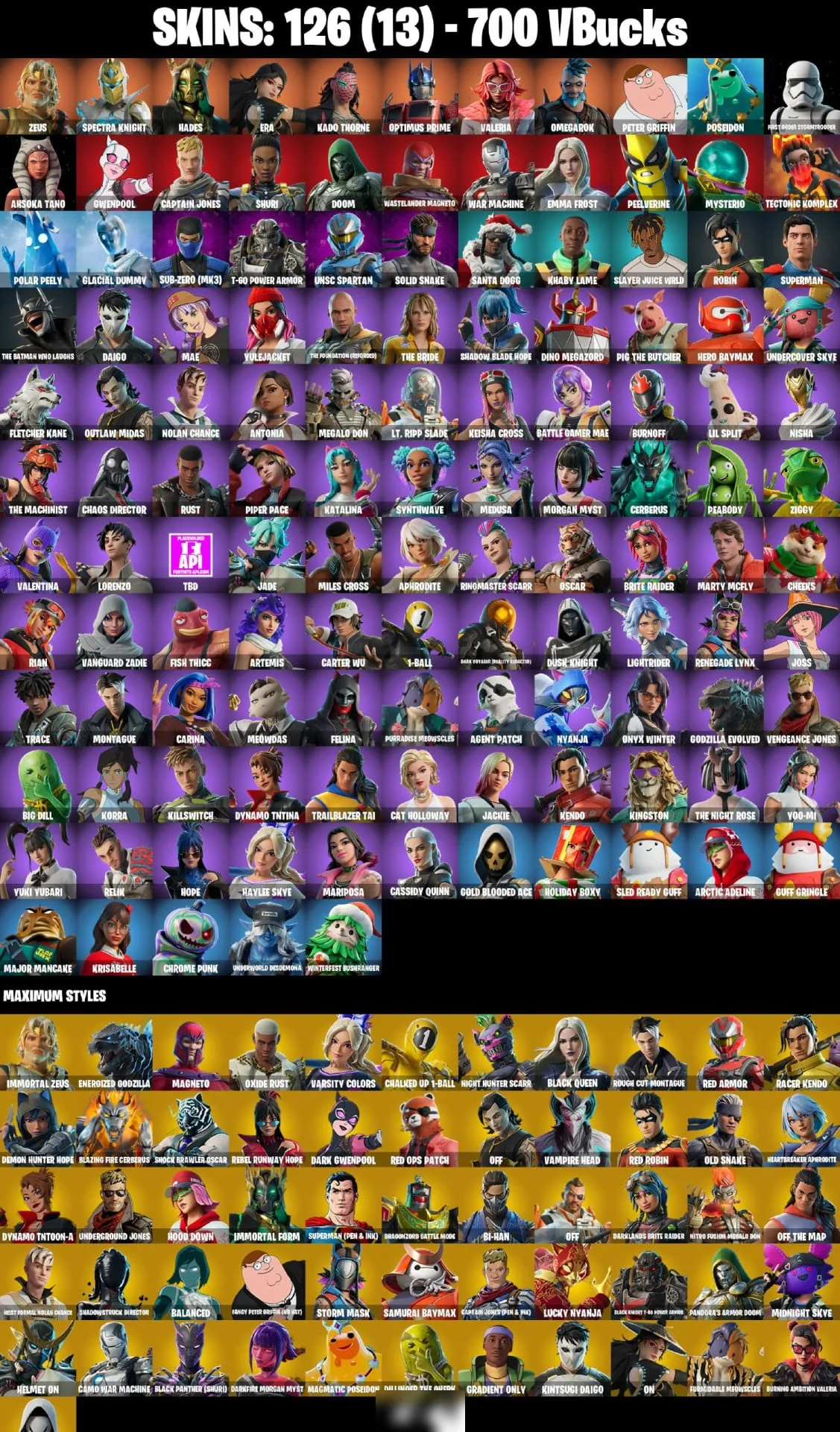 Fortnite Account · 126 Skins · 208 Pickaxes · 151 Emotes — screenshot 1