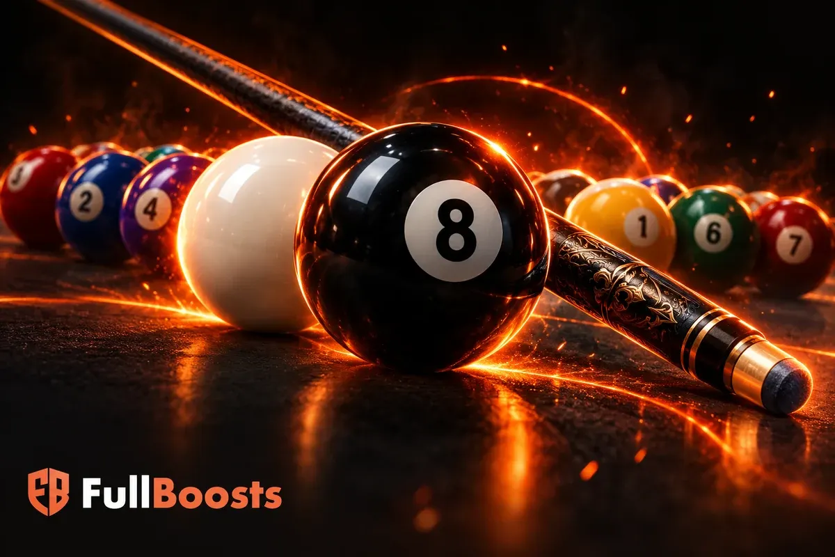 Glossy eight ball, cue ball and ornate cue in orange rim light