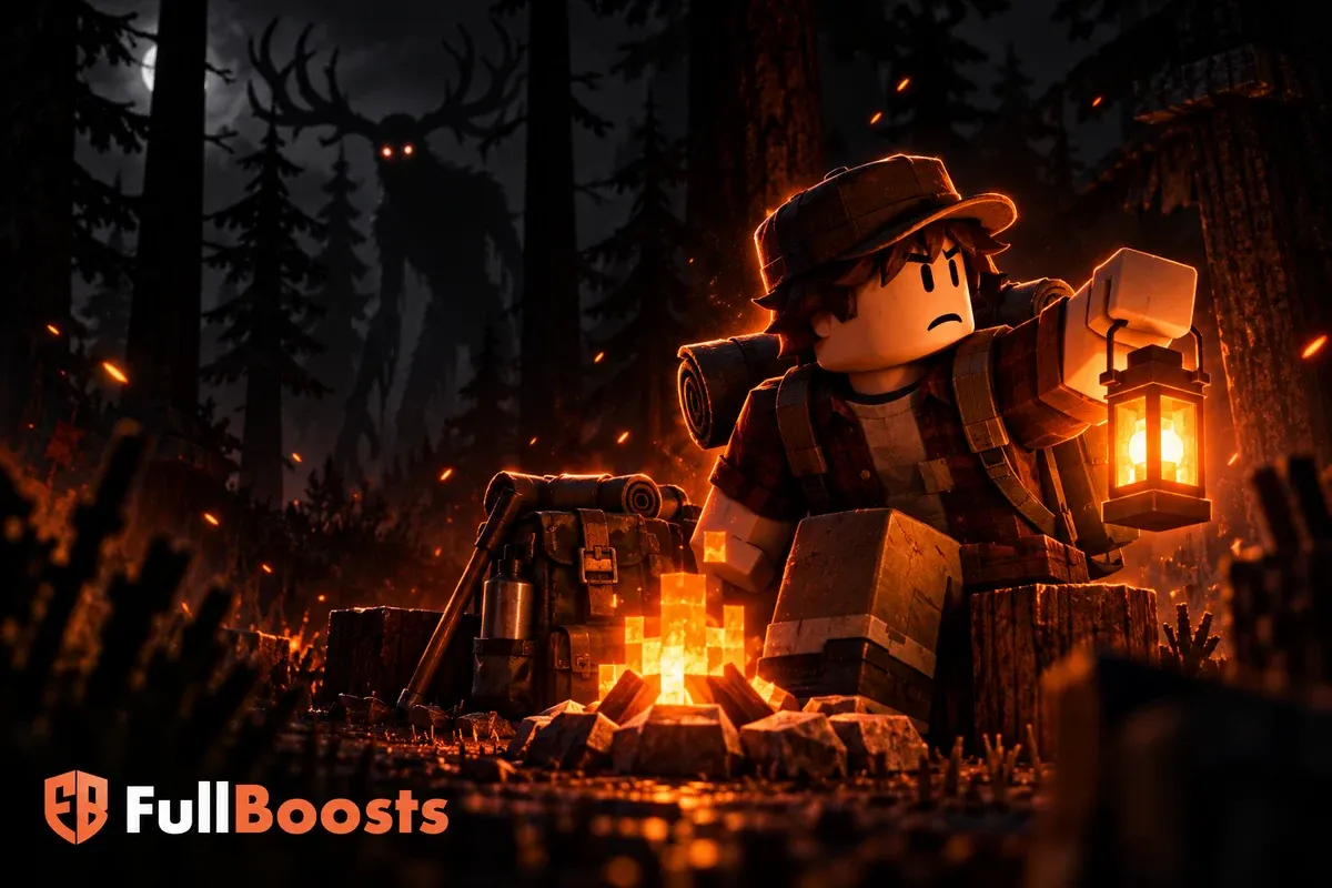 Blocky camper and lantern beside a shadowy forest creature