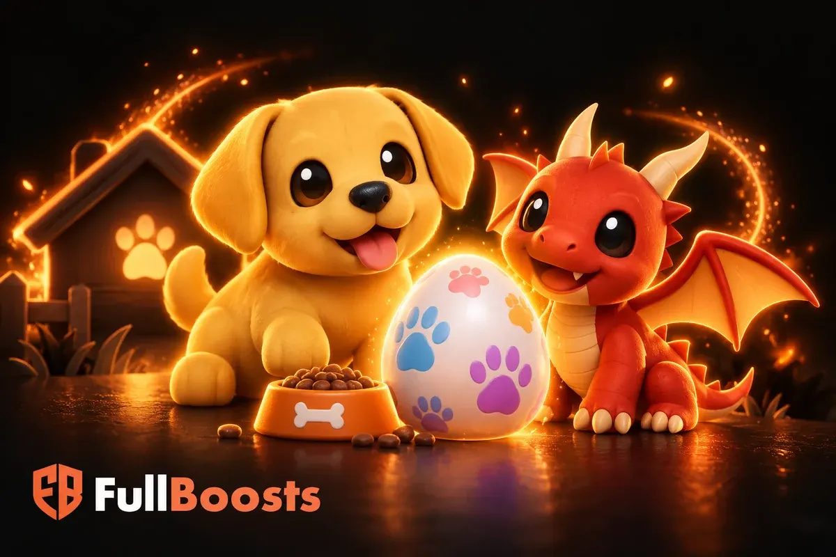 Friendly puppy and small dragon beside a glowing pet egg