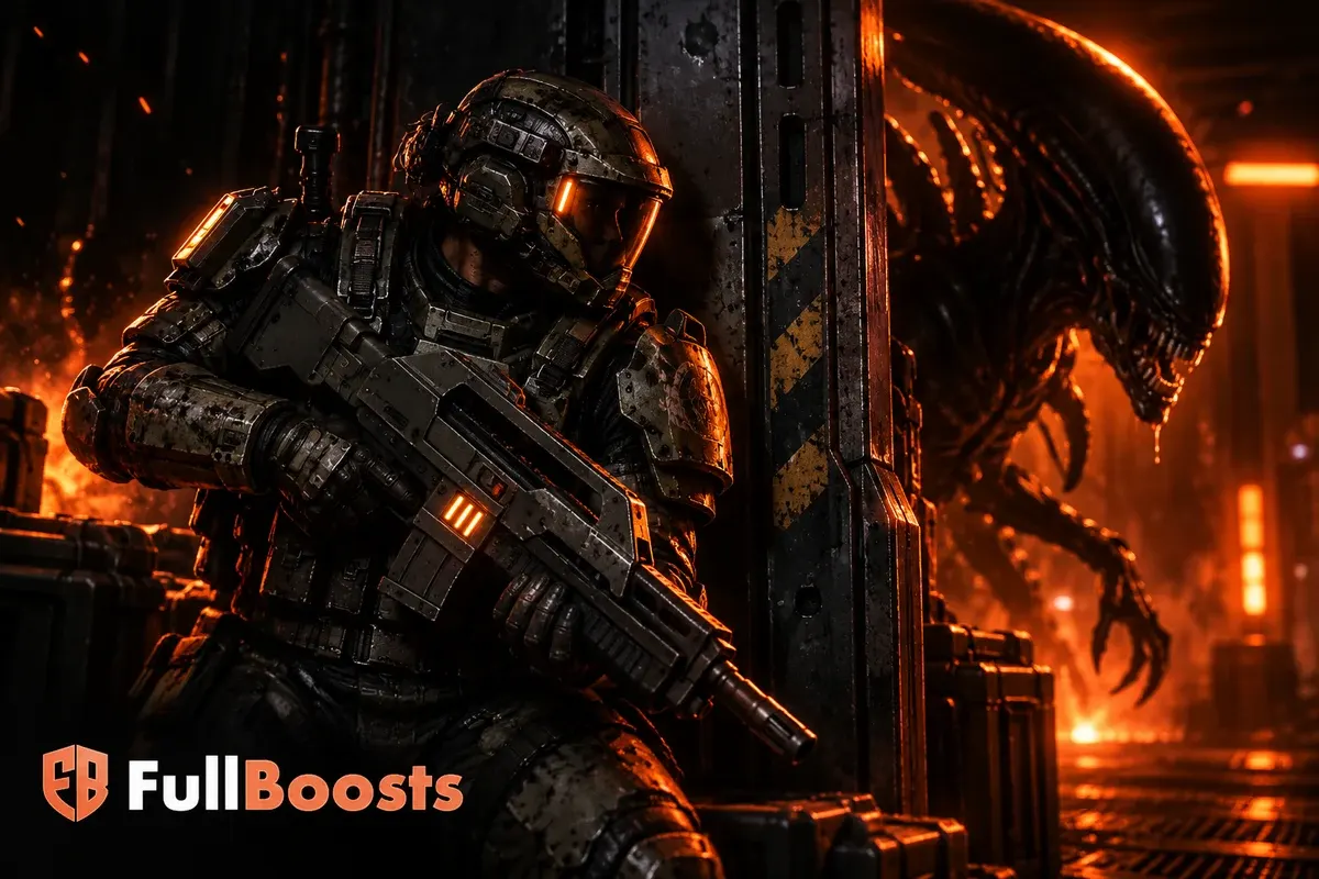 Colonial Marine guarding a dark bulkhead from an alien silhouette