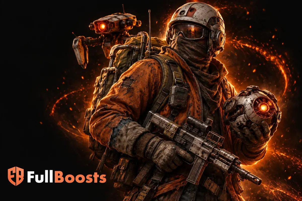 ARC Raiders rugged retro-futurist scavenger in faded orange jacket and backpack holding salvaged mechanical core, compact utilitarian rifle, small hovering industrial robot silhouette behind shoulder.