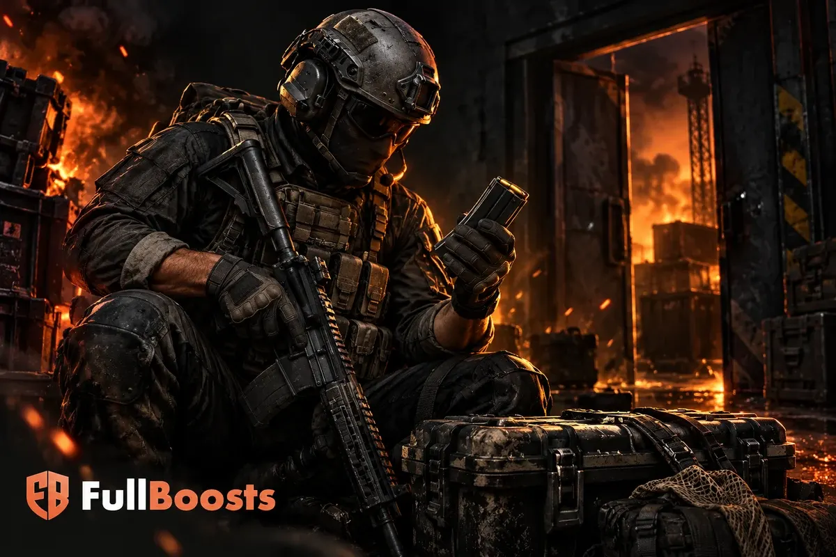 Tactical operator checking equipment beside a loot case