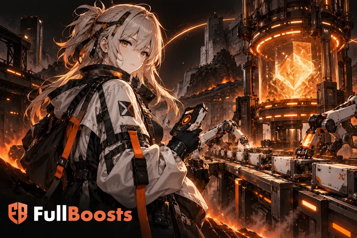 Industrial anime operator beside a glowing automated factory core