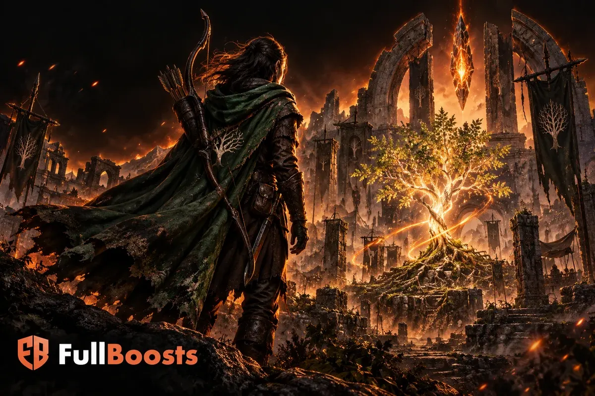 Cloaked fantasy scout beside a glowing world-tree sapling