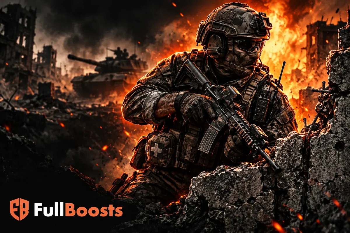 Tactical infantry soldier lit by an orange battlefield blast