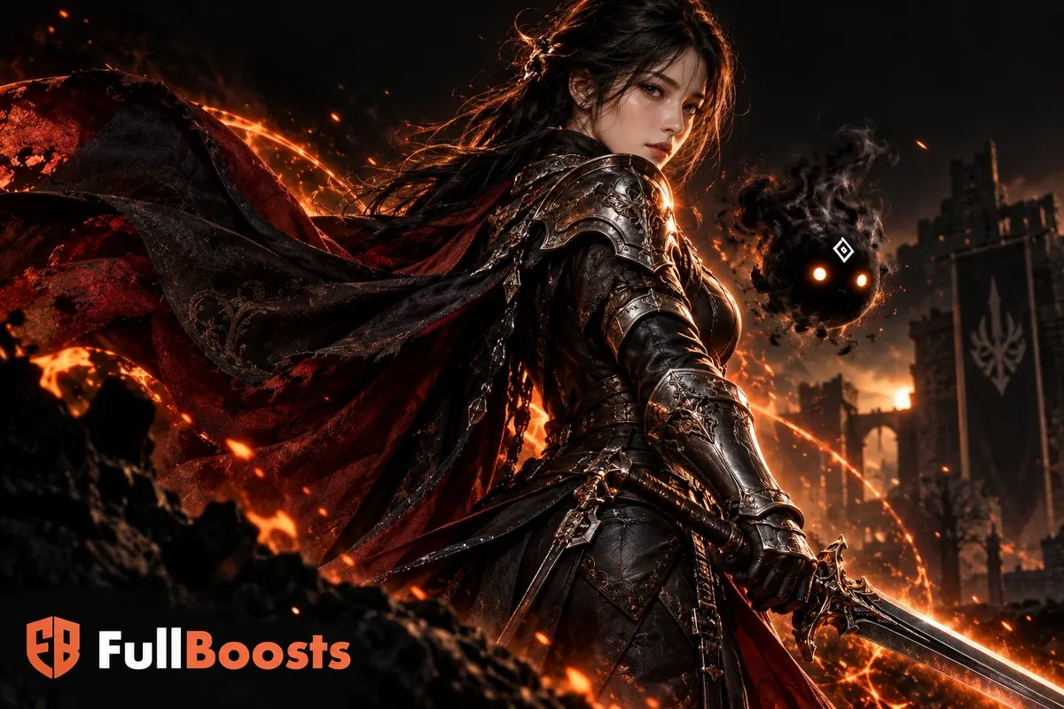 Armored adventurer and smoky spirit outlined by orange embers
