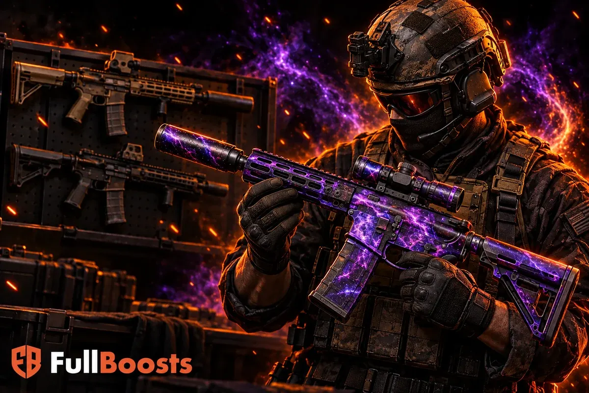 Tactical operator inspecting purple cosmic weapon camouflage — FullBoosts BO6 guide