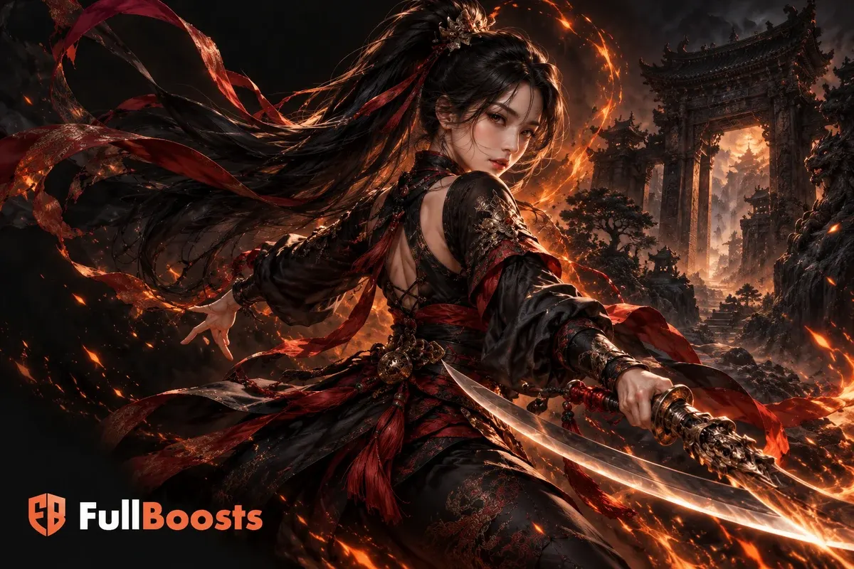 Martial artist with curved sword and orange wind ribbons