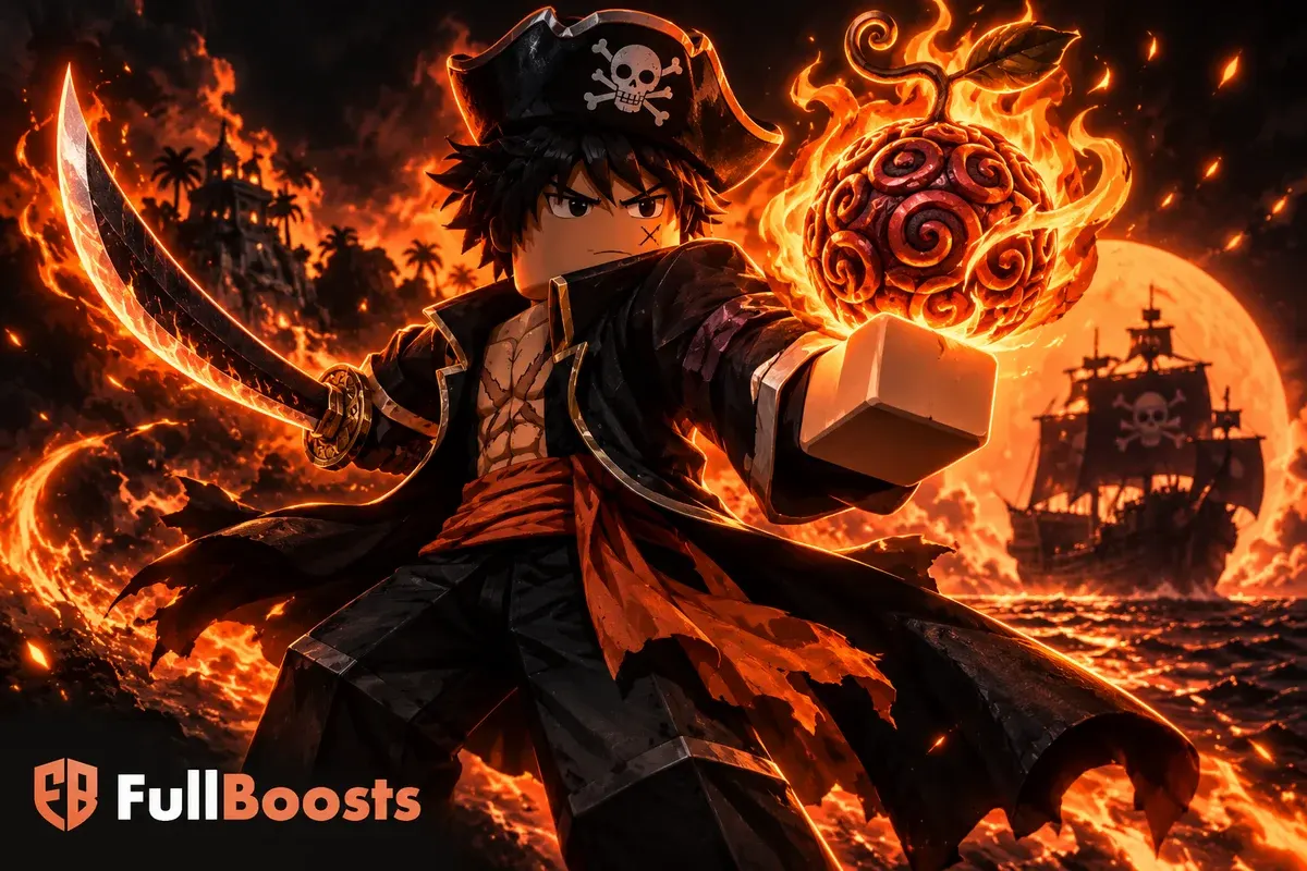 Blocky pirate swordsman holding a glowing flame fruit