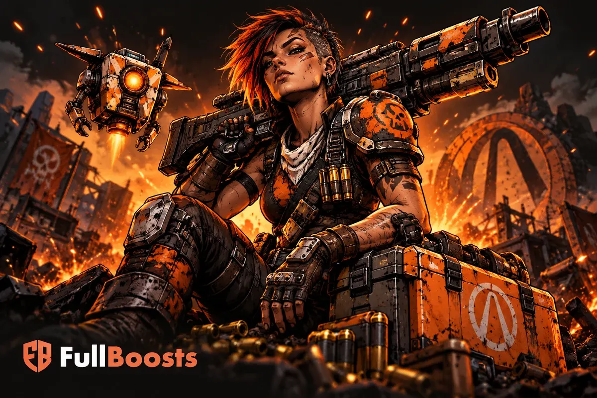 Cel-shaded Vault Hunter with a modular gun and loot drone