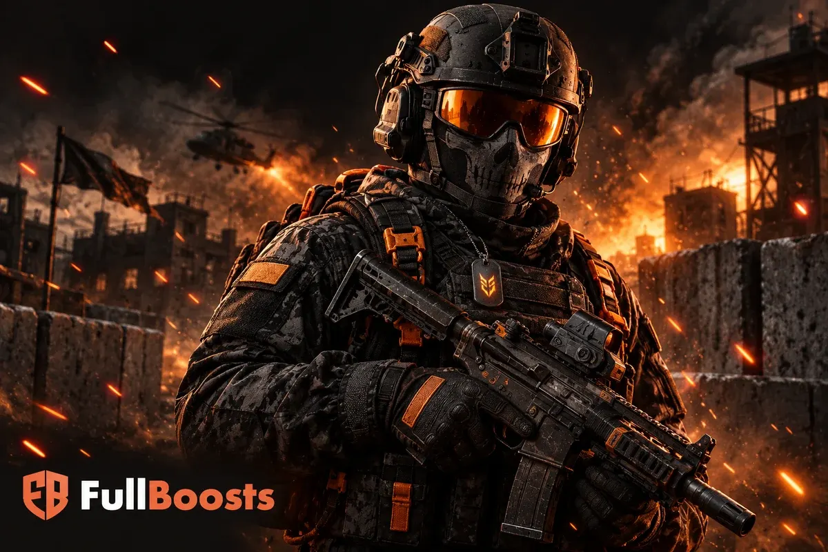 Tactical mobile-shooter operator with compact rifle and orange rim light