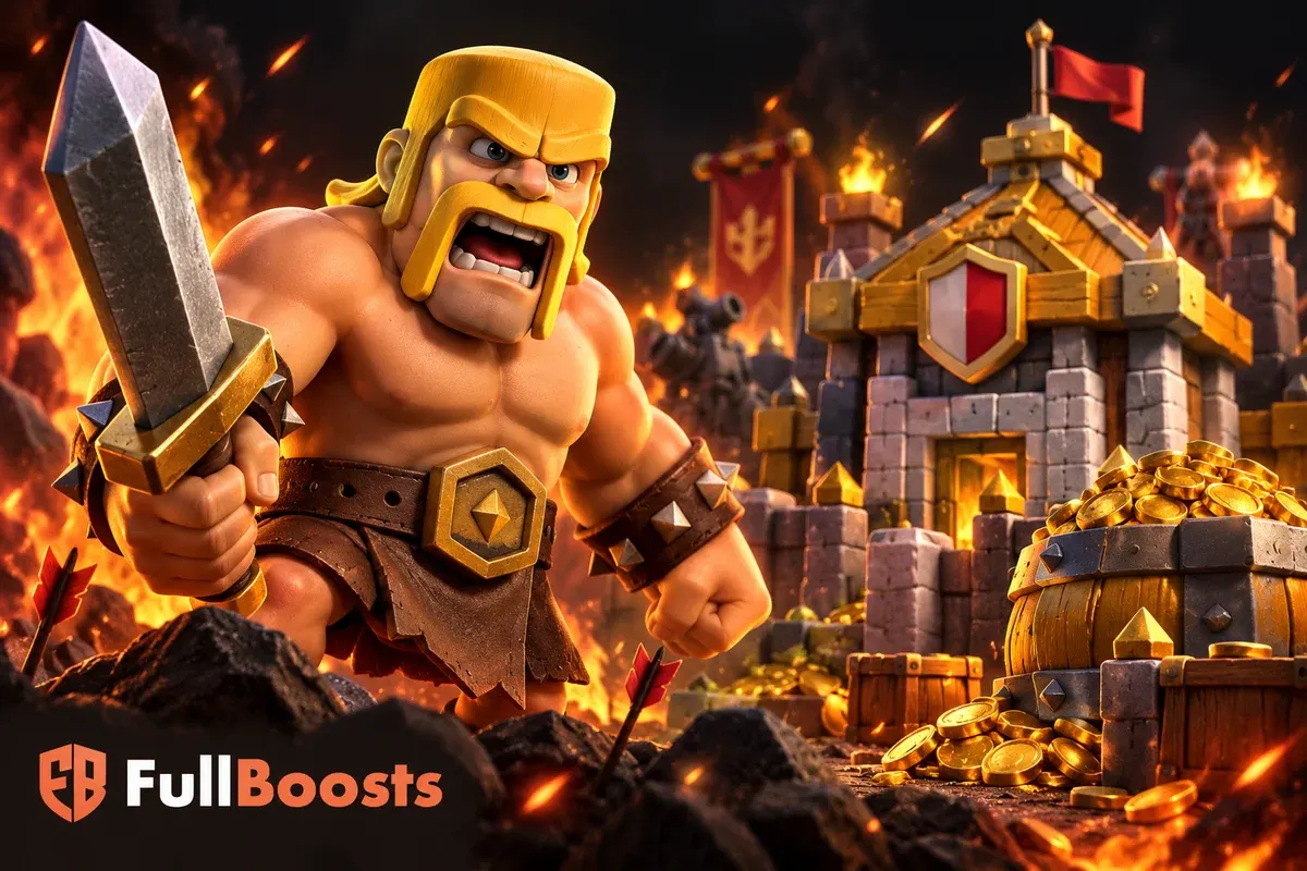 Barbarian warrior guarding a small fortified village and gold storage