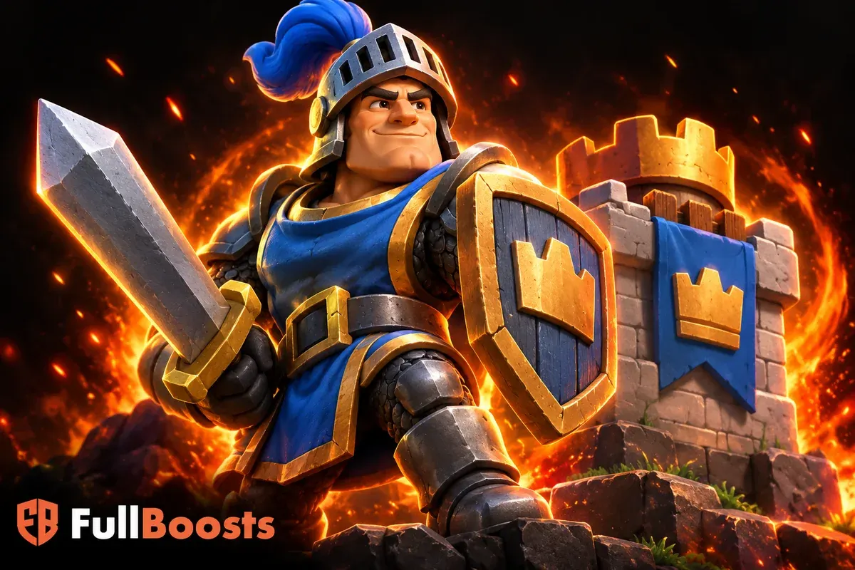 Armored arena knight beside a crowned stone tower