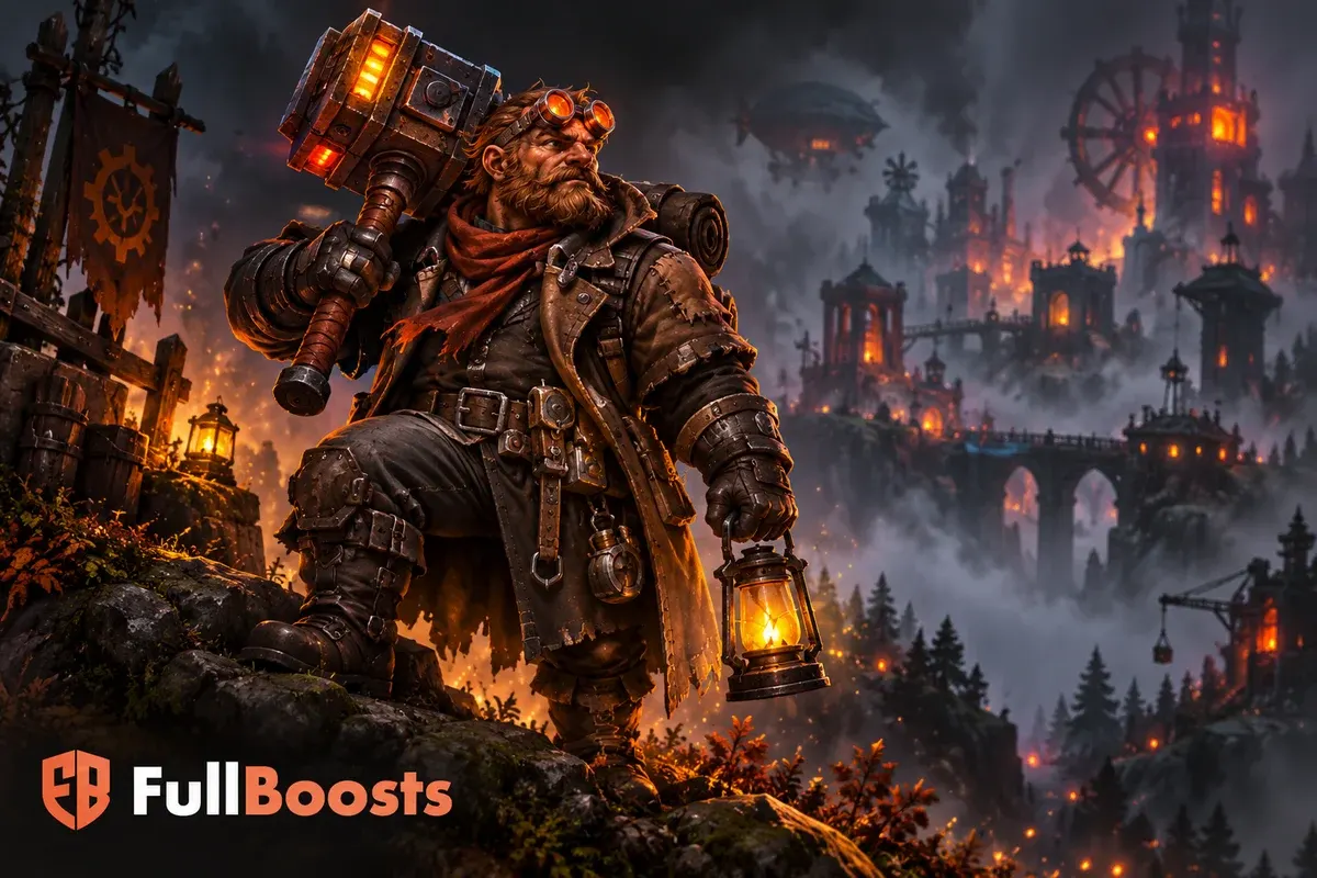 Techno-fantasy wanderer with mechanical hammer and camp lantern
