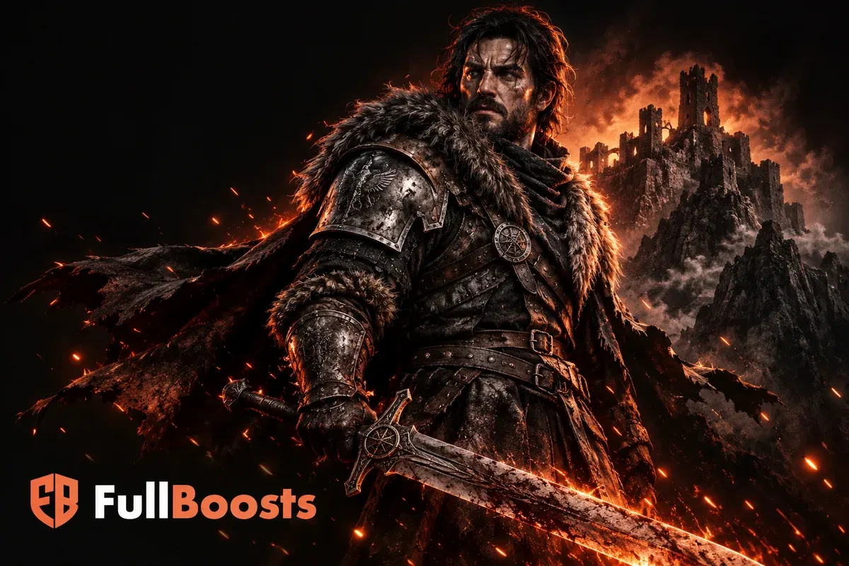 Armored Pywel mercenary outlined by orange embers