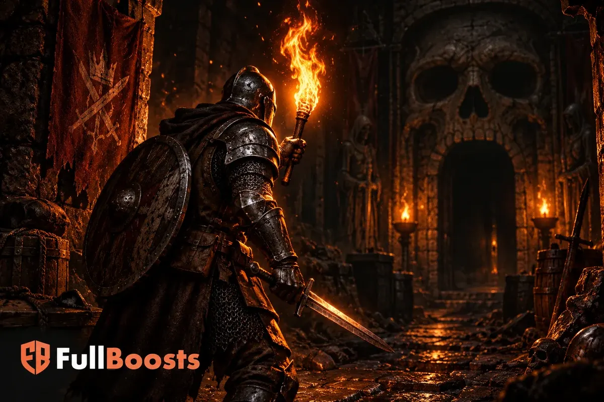 Armored dungeon delver holding a torch beside a dark stone doorway