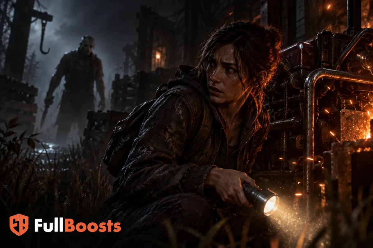 Flashlight-carrying survivor beside a sparking generator in dark fog
