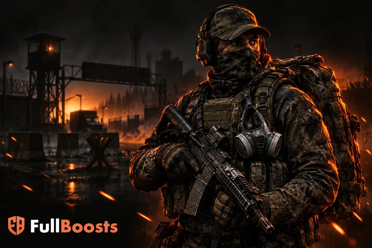 Battle-worn tactical operator beside an industrial checkpoint
