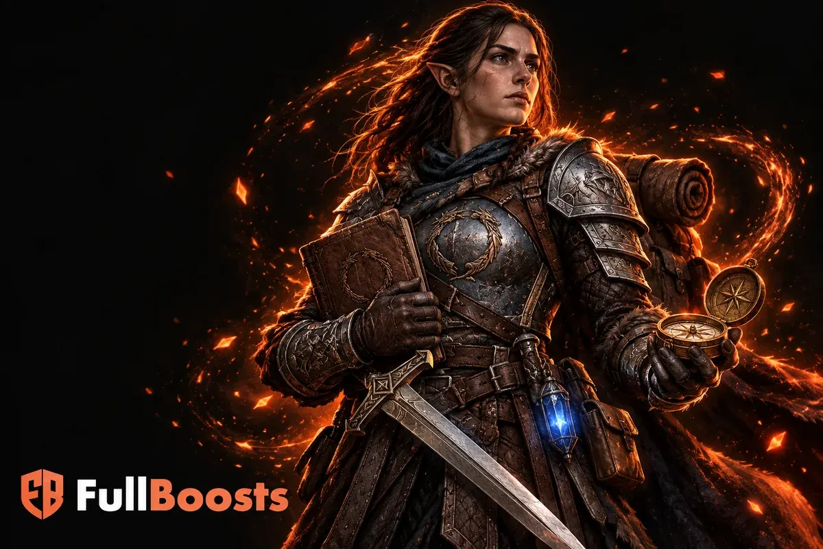 Elder Scrolls Online armored adventurer with steel sword, leather travel journal and ornate compass, faint blue soul gem at belt, grounded Tamriel fantasy portrait.