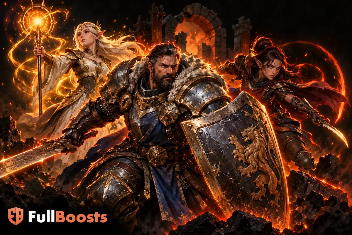 Fantasy tank, healer and fighter framed by orange dungeon energy