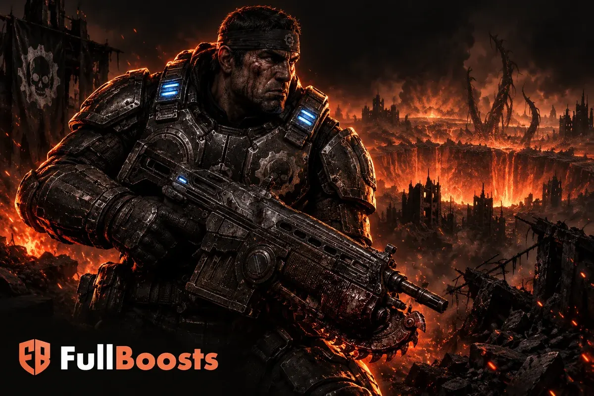 Heavy armored soldier above a fiery emergence crater