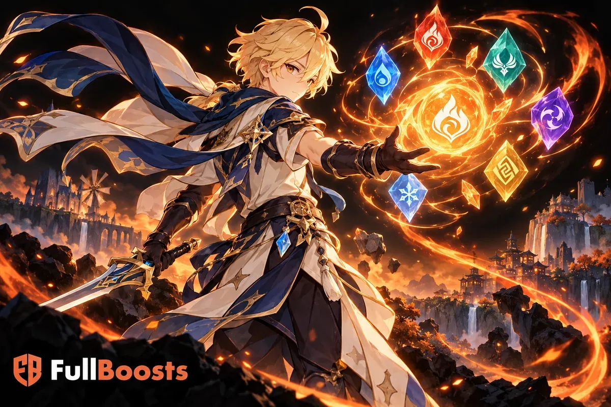 Fantasy adventurer surrounded by glowing elemental crystals