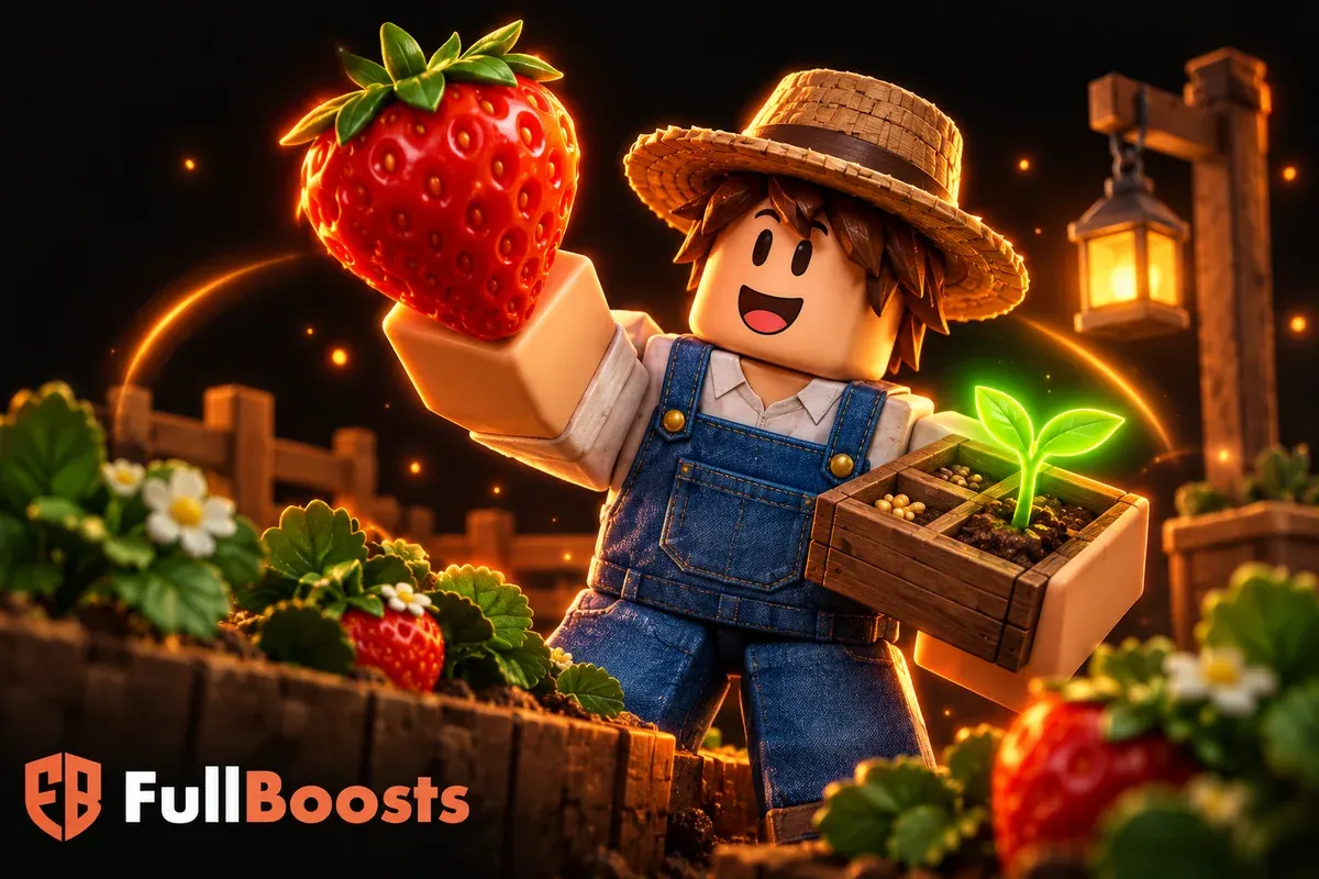 Blocky gardener holding an oversized strawberry and seed tray