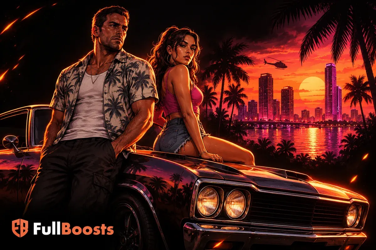 Tropical city duo beside a muscle car with orange sunset lighting