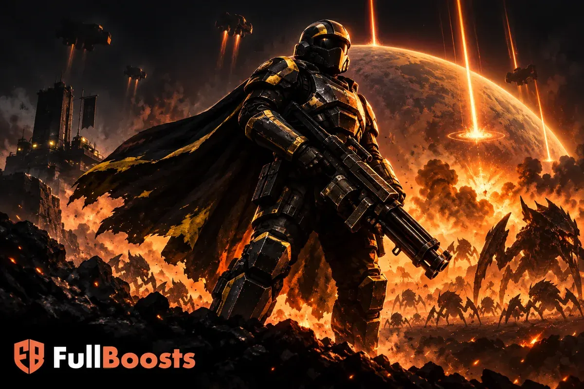 Armored space trooper beside an orange orbital beacon