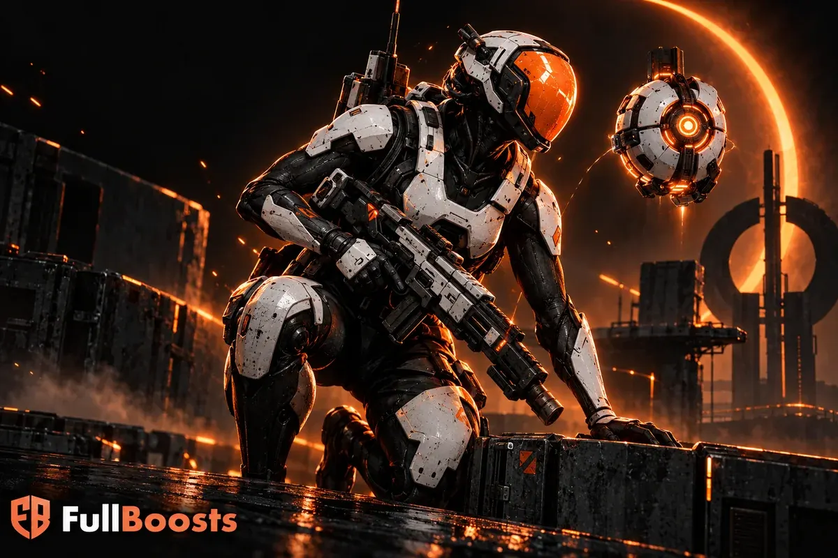 Synthetic sci-fi Runner with orange visor and modular rifle