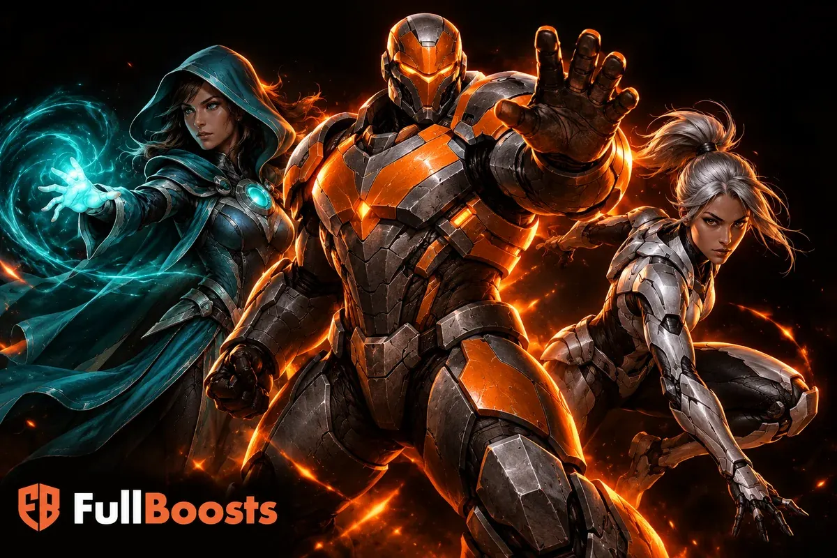 Marvel Rivals superhero team: central armored Iron Man with glowing chest reactor, a magical support hero silhouette and a large tree guardian behind, dynamic polished comic-game character portrait.