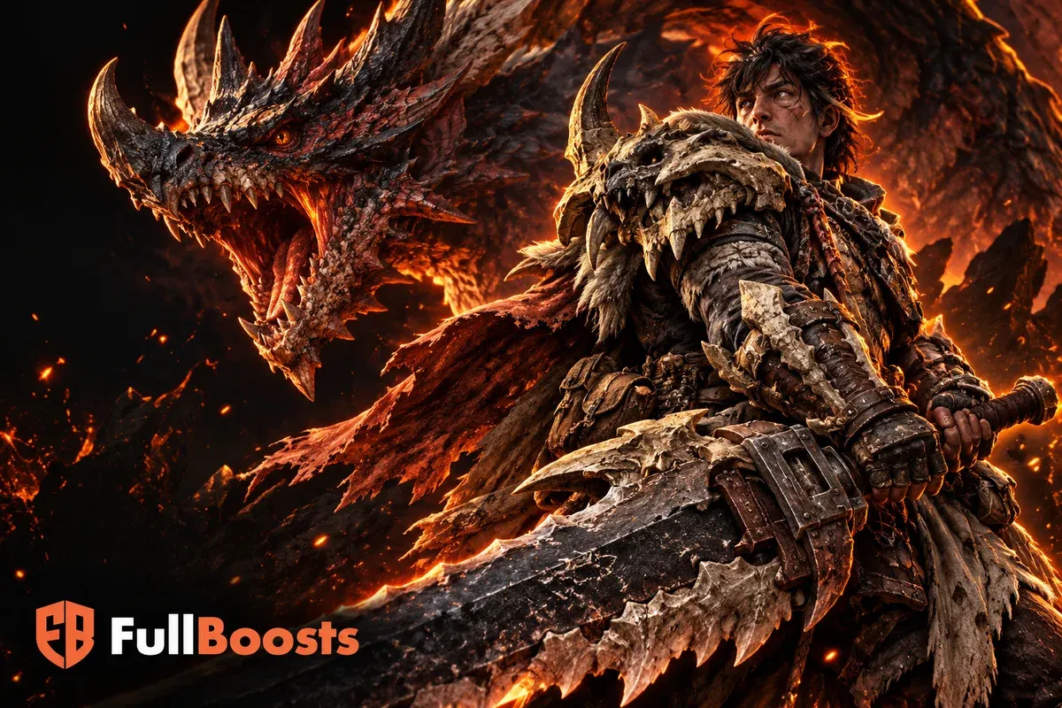 Armored monster hunter with a greatsword and horned wyvern