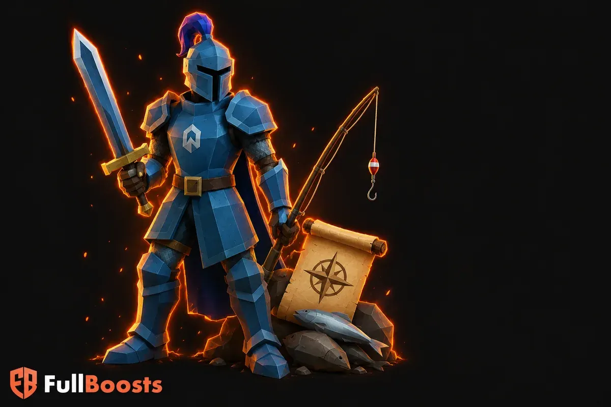 A low-poly-inspired fantasy adventurer in rune-blue plate holding a sword beside a fishing rod and a leather quest scroll