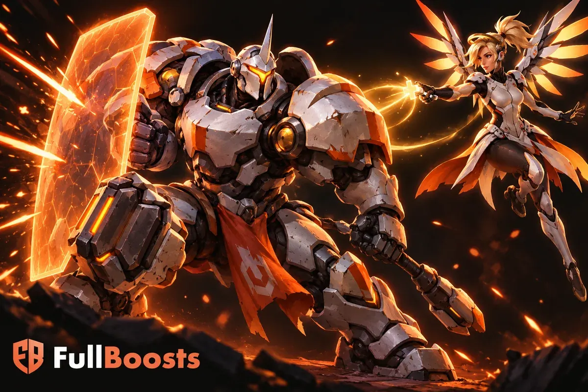 A bold futuristic armored tank hero with a compact energy shield facing a nimble support hero