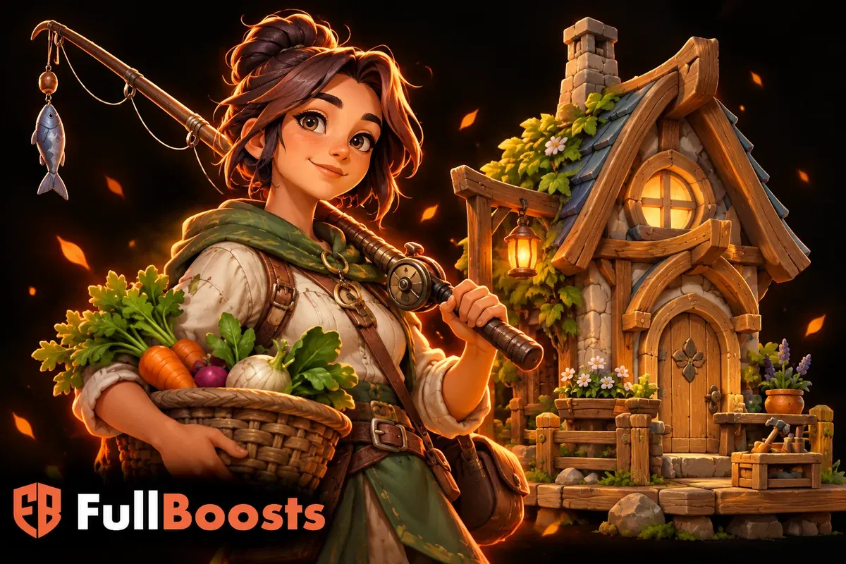 A friendly Palia-inspired adventurer carrying a fishing rod and a basket of vegetables beside a small finely crafted wooden house model