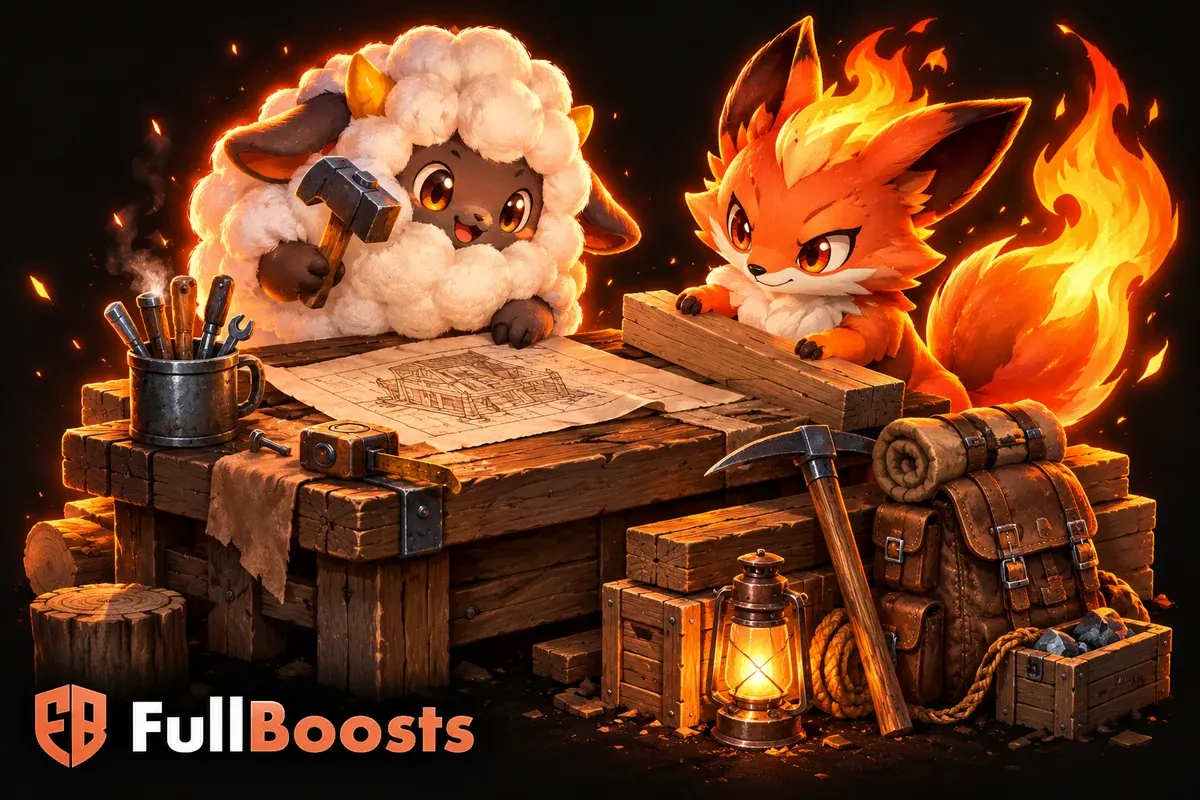 A round fluffy sheep Pal and a foxlike fire Pal working around a sturdy wooden crafting bench with a backpack and tools
