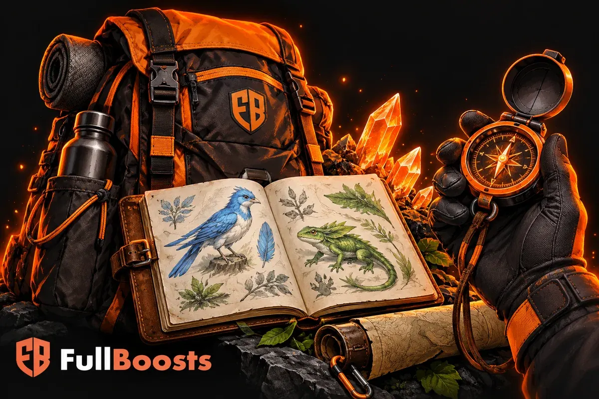 An orange field backpack, creature journal and glowing compass for an outdoor collecting guide