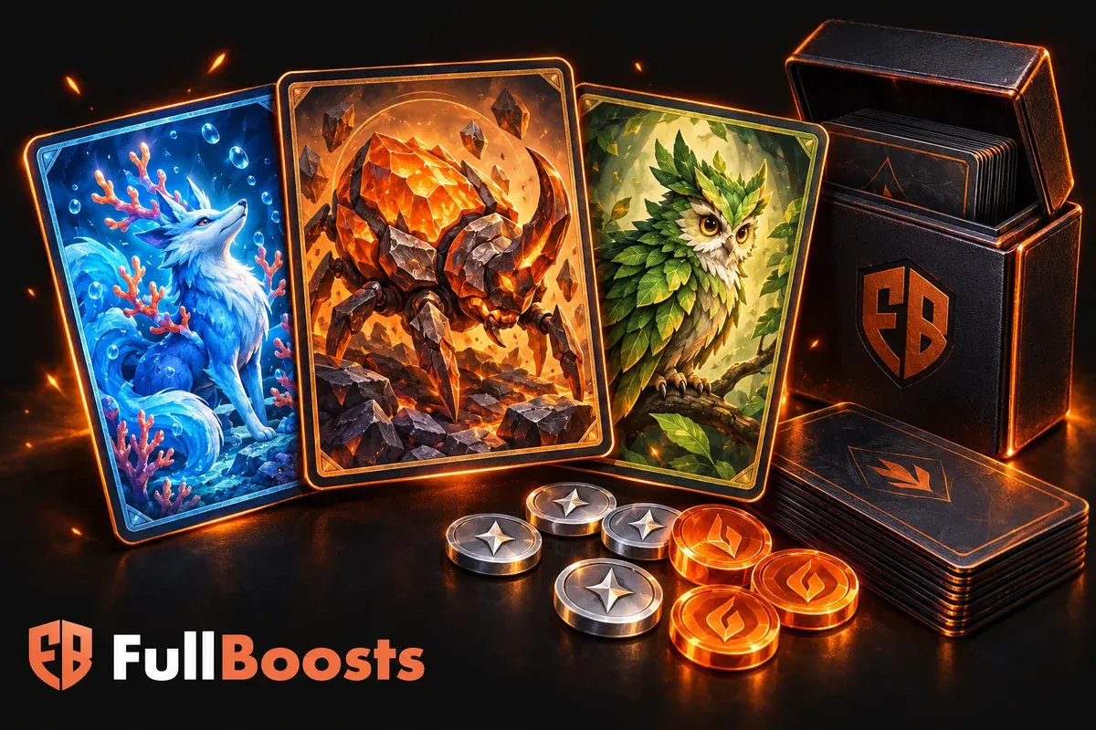 A fan of original illustrated creature cards with energy counters and a branded card case