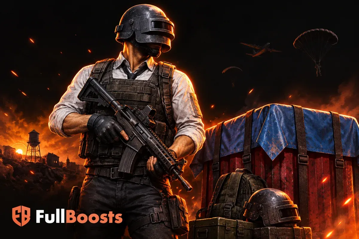 A helmeted battle royale survivor in white shirt and tactical vest holding a compact rifle at rest beside a mobile-style supply crate
