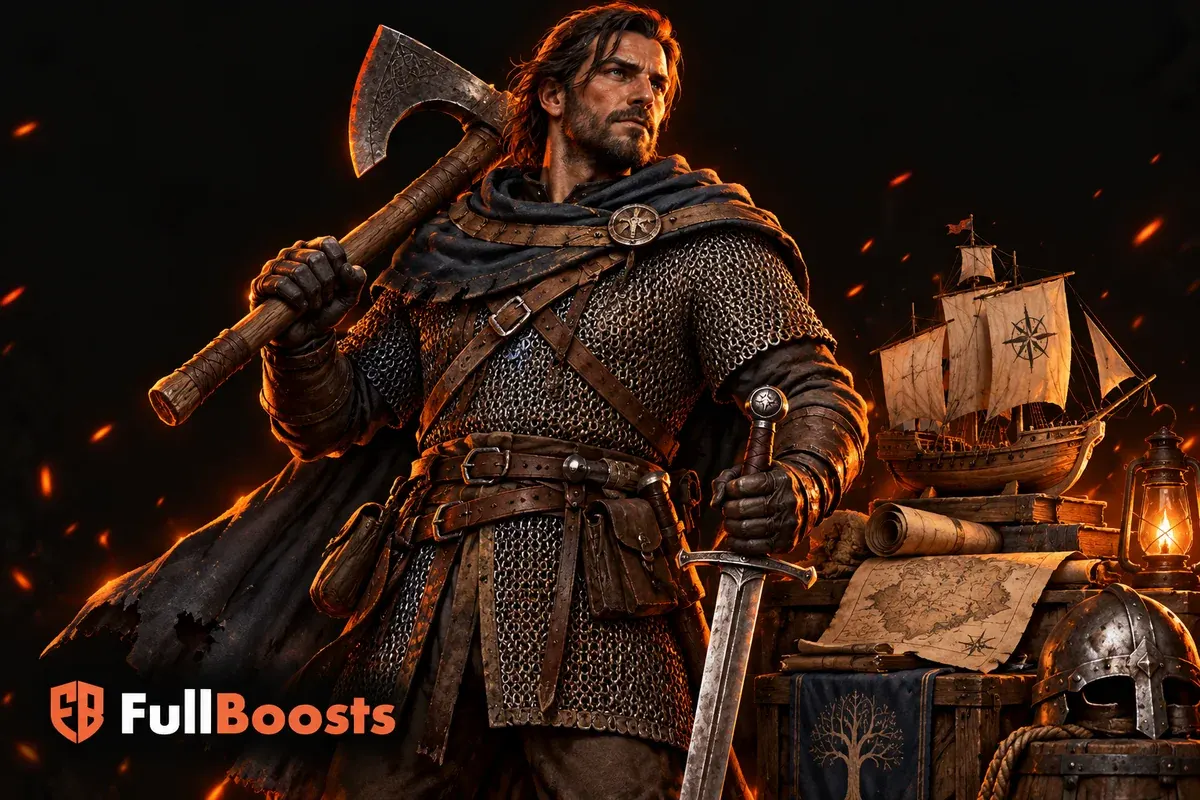 A medieval explorer in practical chainmail holding a timber axe and a long sword beside a small sailing ship model