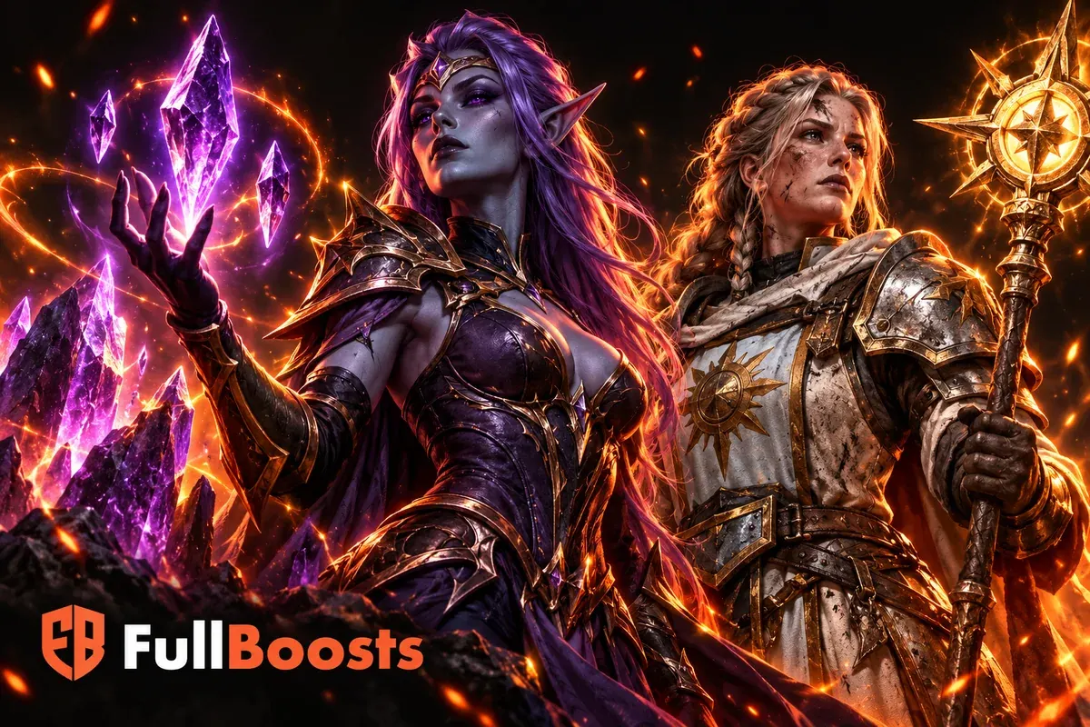 A dark elf mage with violet hair and a weathered armored healer standing beside a cluster of glowing summoning shards