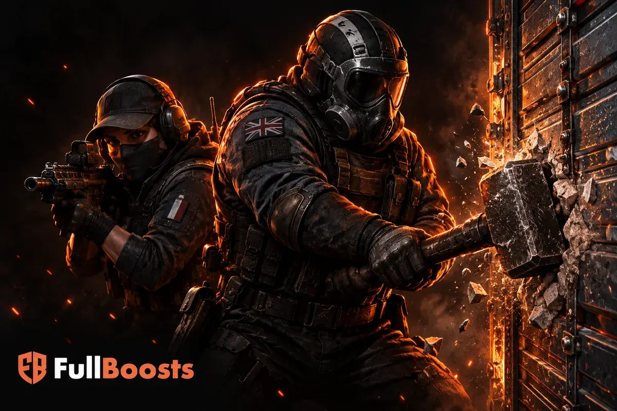 Two compact tactical operators with protective masks and a breaching hammer beside a reinforced wall panel
