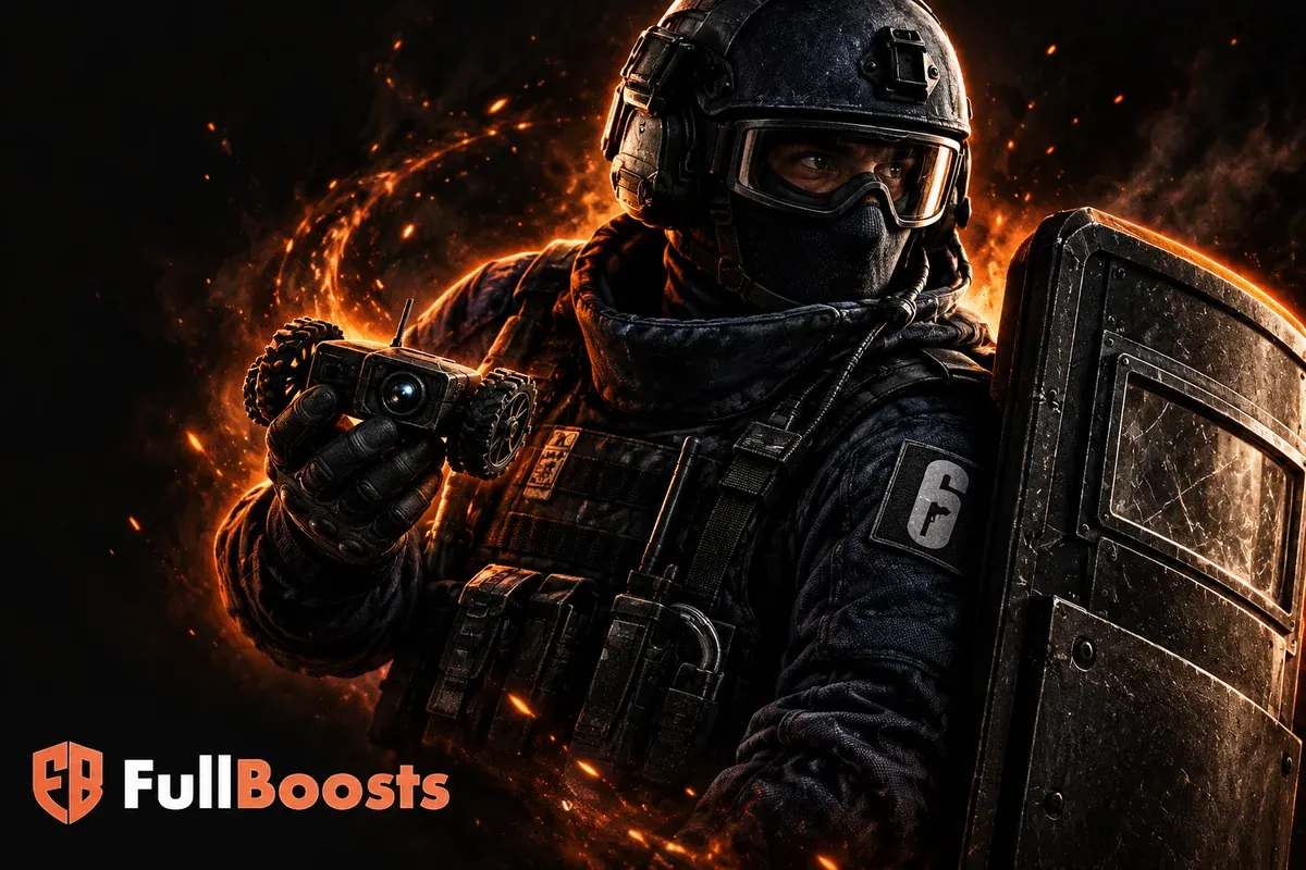 Rainbow Six Siege tactical operator in dark navy armor and helmet, holding a compact recon drone in gloved hand, ballistic shield beside shoulder, grounded realistic equipment.