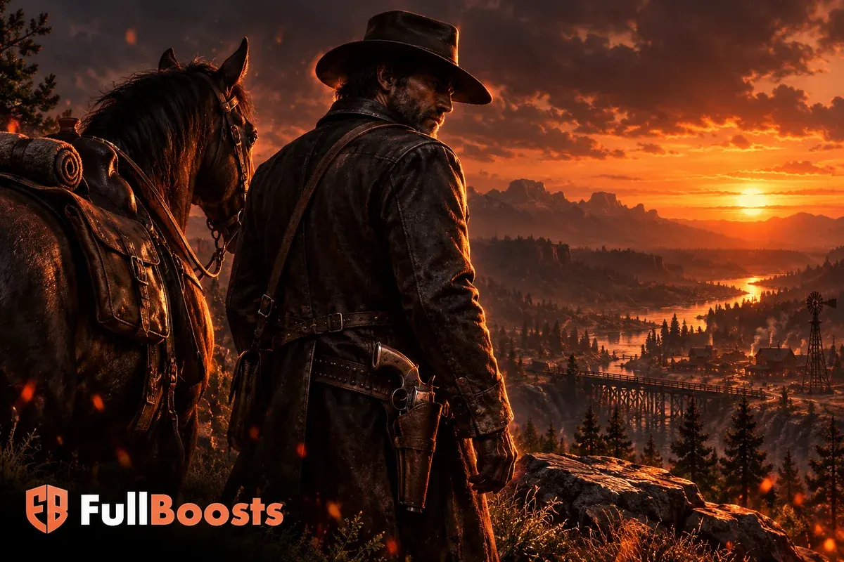 A weathered western outlaw in a dark brimmed hat and leather coat beside a saddled horse