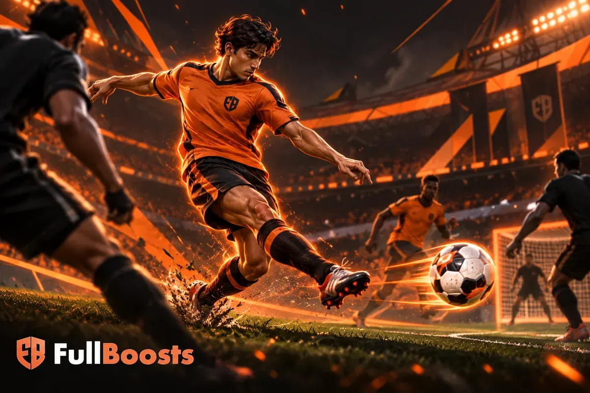 An athletic stylized football player in orange training kit making a dynamic side-foot pass